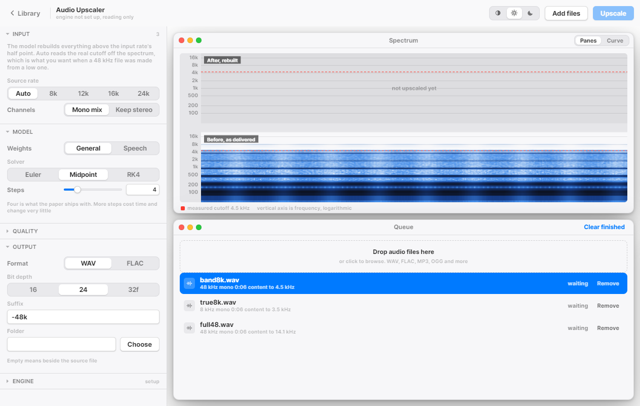 The Audio Upscaler window: settings on the left, a before and after spectrogram, and a file queue